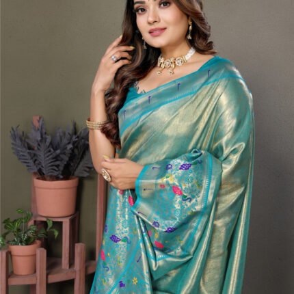 Rama Blue Pure Banarasi Tissue Silk Saree With Weaving Butties