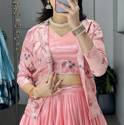 Trendy Pink Chinon Ready-To-Wear Lehenga Set With Floral Work