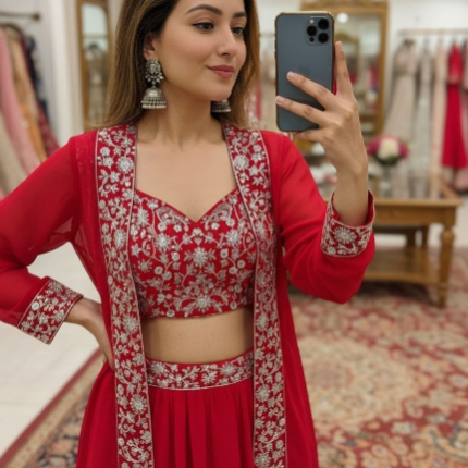 Fusion Red Indo-Western Georgette Lehenga With Shrug