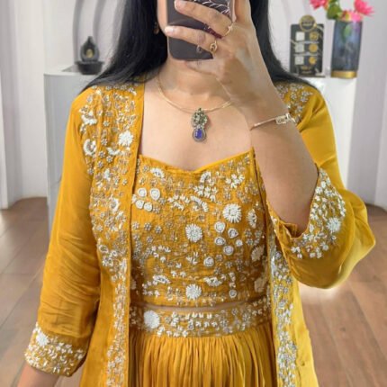 Fusion Empire Mustard Yellow Indo-Western Georgette Lehenga