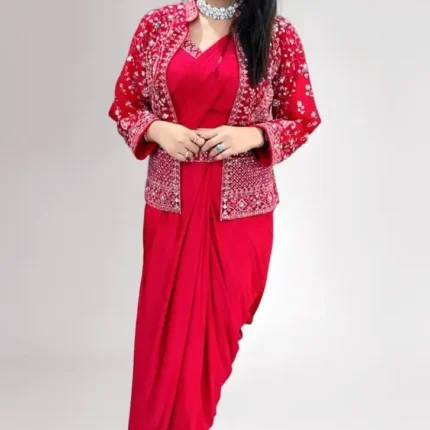 Fusion Pink Satin Crepe Ready To Wear Saree With Sequins Work