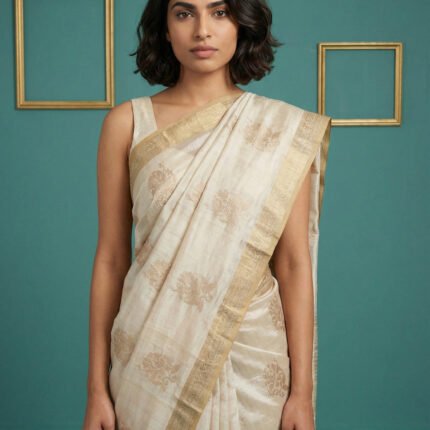 Latest Cream Tussar Silk Saree With Embroidery Work