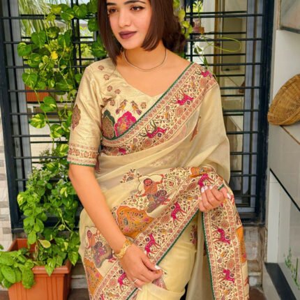 Cream Pure Organza Jacquard Saree With Running Blouse