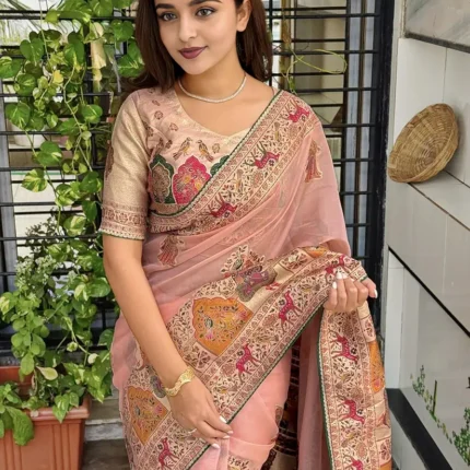 Peach Pure Organza Jacquard Saree With Zari Weaving