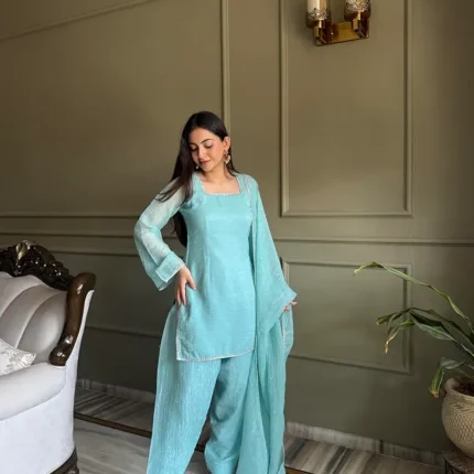 Sky Blue Cruchy Silk Farshi Salwar Suit Set With Siroski Work