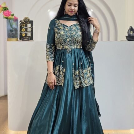Teal Green Chinon Silk Embroidered Lehenga Choli