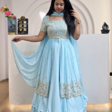 Aqua Blue Chinon Silk Lehenga With Sequins Work