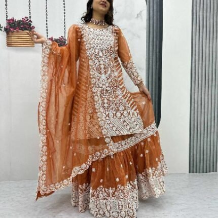 Rust Orange Lily Net Farshi Sharara & Dupatta Suit