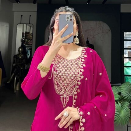 Elegant Pink Organza Embroidered Kurti Set With Sequins Work