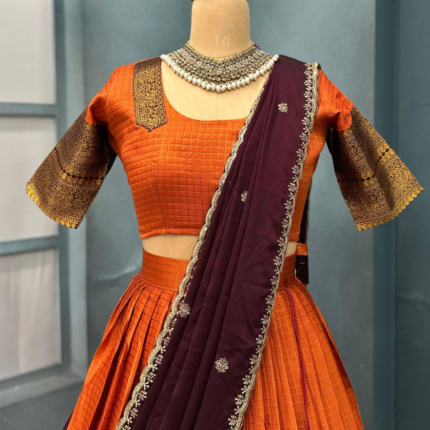 Elegant Gadwal Style Rust Orange Silk Lehenga Choli