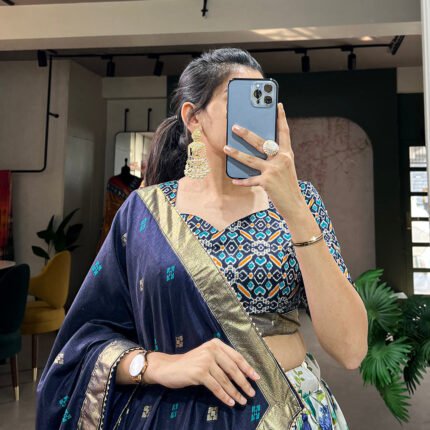 Elegant Navy Blue Tussar Silk Lehenga With Patola Print