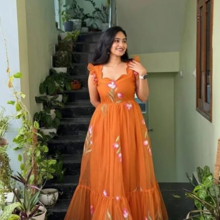 Orange Soft Tabby Maxi Gown With Floral Print