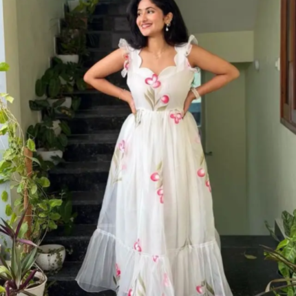 Trendy White Soft Tabby Maxi Gown With Floral Print Work