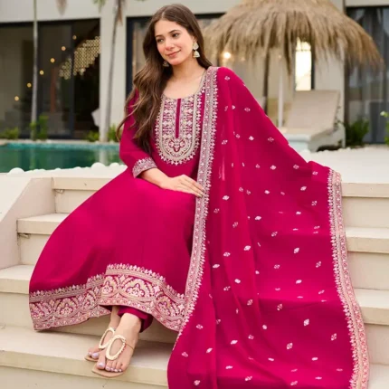 Stunning Magenta Vichitra Silk Anarkali Kurta Set With Sequins Work