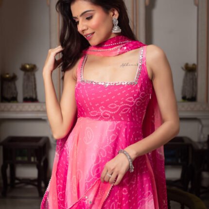 Gorgeous Rani Pink Georgette Anarkali Gown With Mirror Work