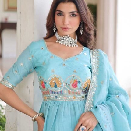 Sky Blue Gold Crush Lehenga With Multi Thread Embroidery Zari Sequins