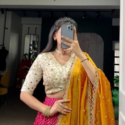 Trendy Bandhej And Ajrakh Printed Lehenga With Sequins Work