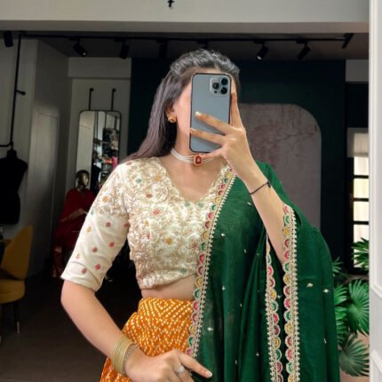 Gorgeous Yellow Bandhej And Ajrakh Printed With Sequins Work