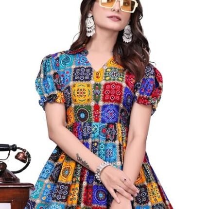 Fancy Rayon Long Gown With Puffy Sleeves & Printed Work