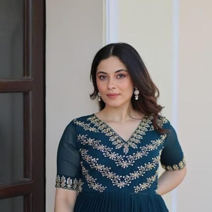 Teal Blue Faux Blooming Gown With Sequins Work