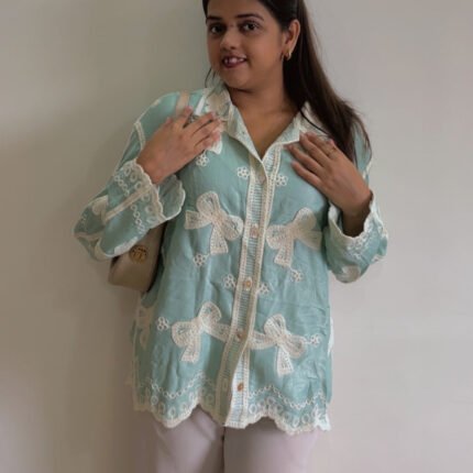 Sky Blue Embroidered Cotton Shirt With Bell Sleeves