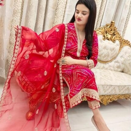 Classy Red Bandhani Cotton Suit Set With Embroidery Work