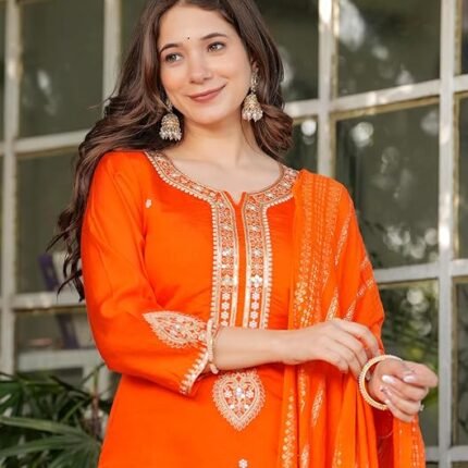 Gorgeous Orange Viscose Chanderi Kurti Suit With Sequins Work