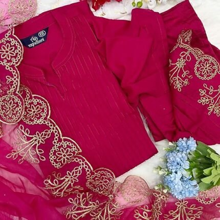Gorgeous Pink Cotton Silk Kurti Suit Set With Organza Dupatta