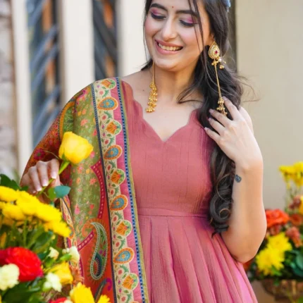 Latest Navyara Pink Silk Crush Anarkali Gown With Print Work