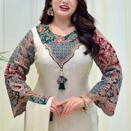 Cream Banarasi Silk Suit Set With Embroidery Work