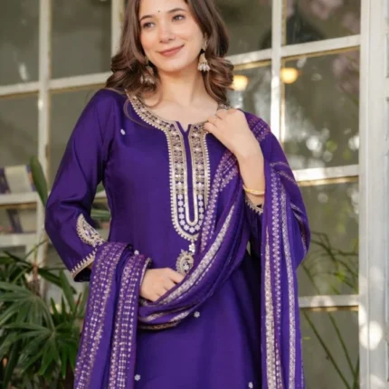 Dark Indigo Viscose Chanderi Kurti Suit With Sequins Work