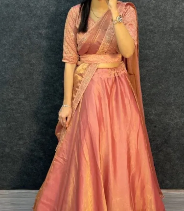 Peach Space Silk 4-In-1 Lehenga With Thread & Sequins Work