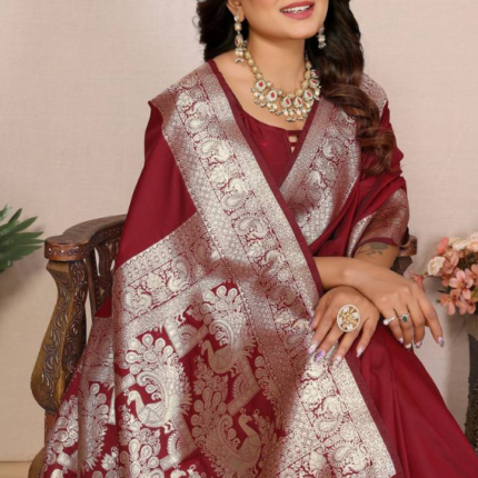 Trendy Maroon Banarasi Silk Saree With Exclusive Work