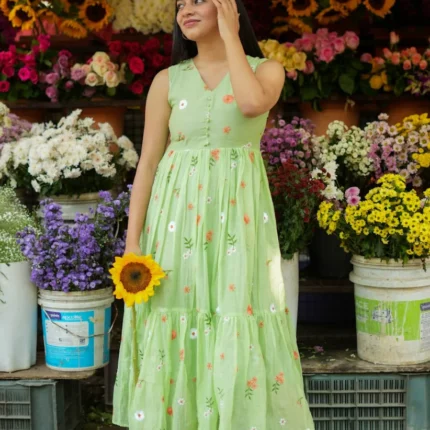 Classy Green Chanderi Cotton Dress With Floral Print