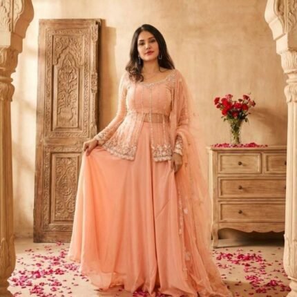 Peach Silk Satin Lehenga Choli With Embroidery Work