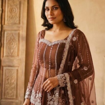 Brown Silk Satin Lehenga Choli With Beads Work