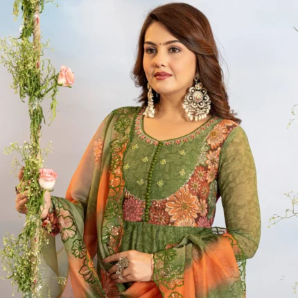 Olive Green Faux Georgette Anarkali Gown With Digital Print