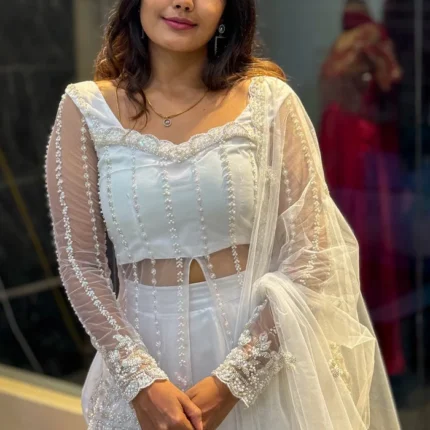 White Silk Lehenga Choli With Flowy Silhouette