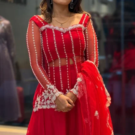Premium Red Silk Lehenga Choli With Grand Beads Embroidery Work