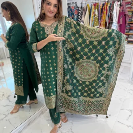 Trendy Emerald Banarasi Suit Set With Printed Work