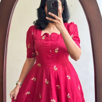 Red Chanderi Cotton Frock With Full Lining