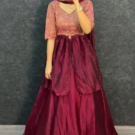 Wine Space Silk 4-In-1 Lehenga With Thread & Sequins Work