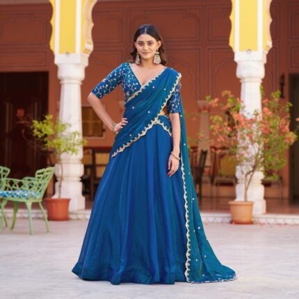 Royal Blue Fendi Lehenga Choli With Sequins Work