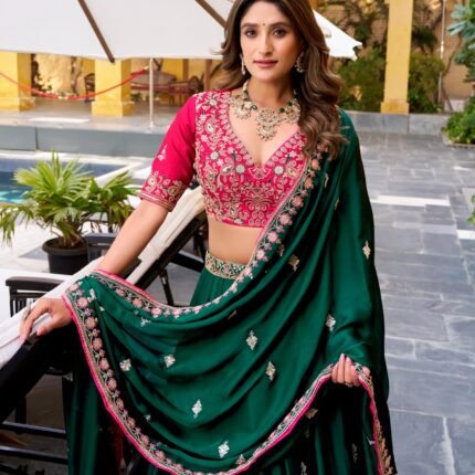 Royal Green Silk Satin Lehenga Choli With Sequins Work