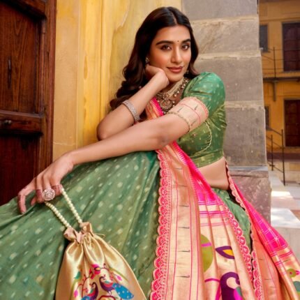 Green Shimmer Organza Lehenga Choli With Zari Weaving