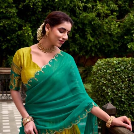Green Poly Cotton Lehenga Choli With Zari Weaving