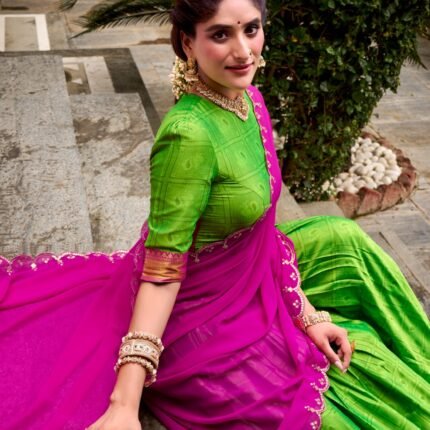 Parrot Green Poly Cotton Lehenga Choli With Zari Weaving