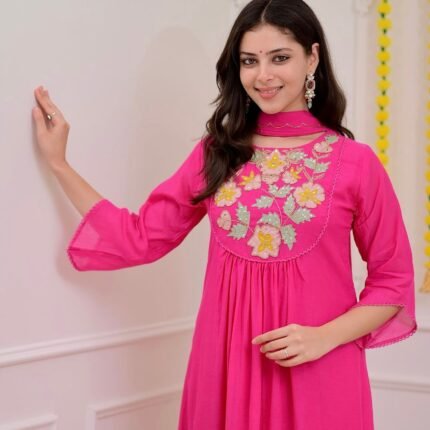 Gorgeous Pink Chanderi Silk Kurti Set With Organza Dupatta