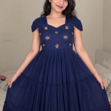 Navy Blue Mull-Mull Cotton Gown With Maggam Work