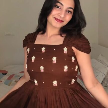 Brown Mull-Mull Cotton Gown With Maggam Work